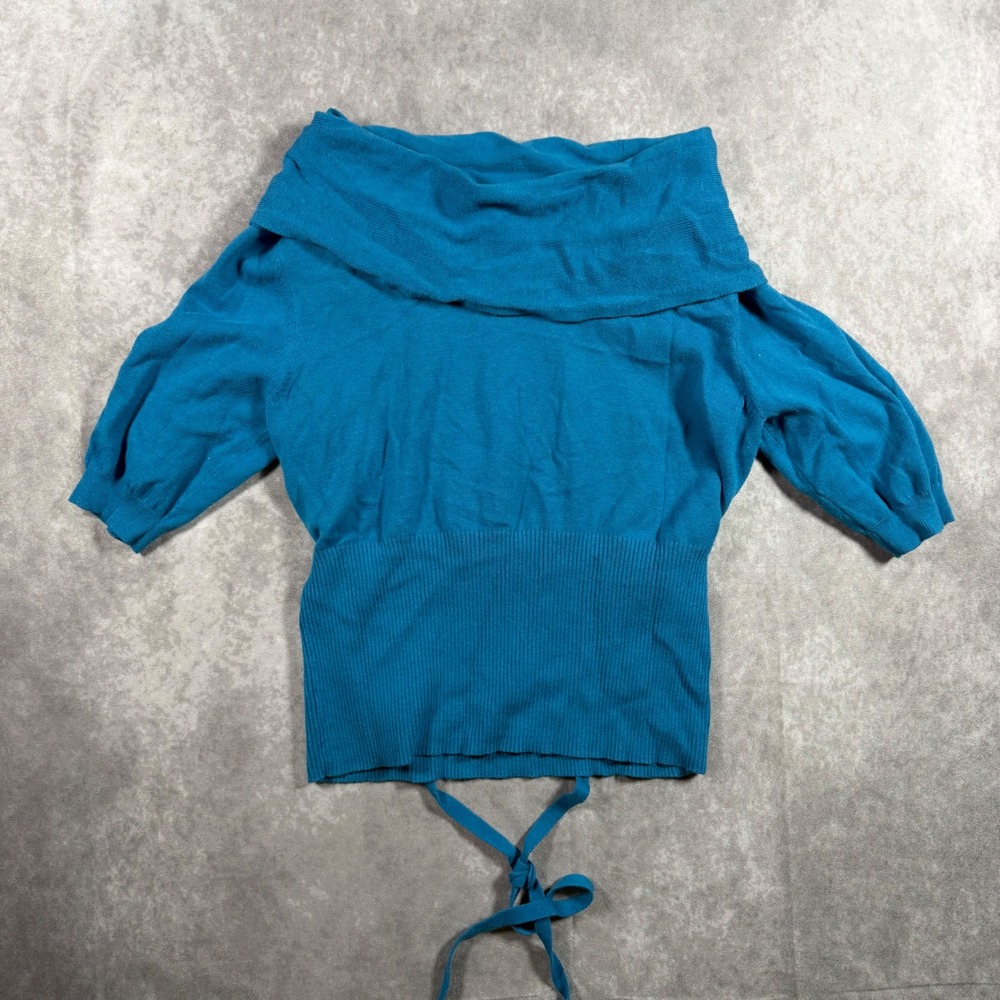 SO Teal Blue Cowl Neck Knit Sweater XL Ribbed Waist Tie Slouchy Boho Chic